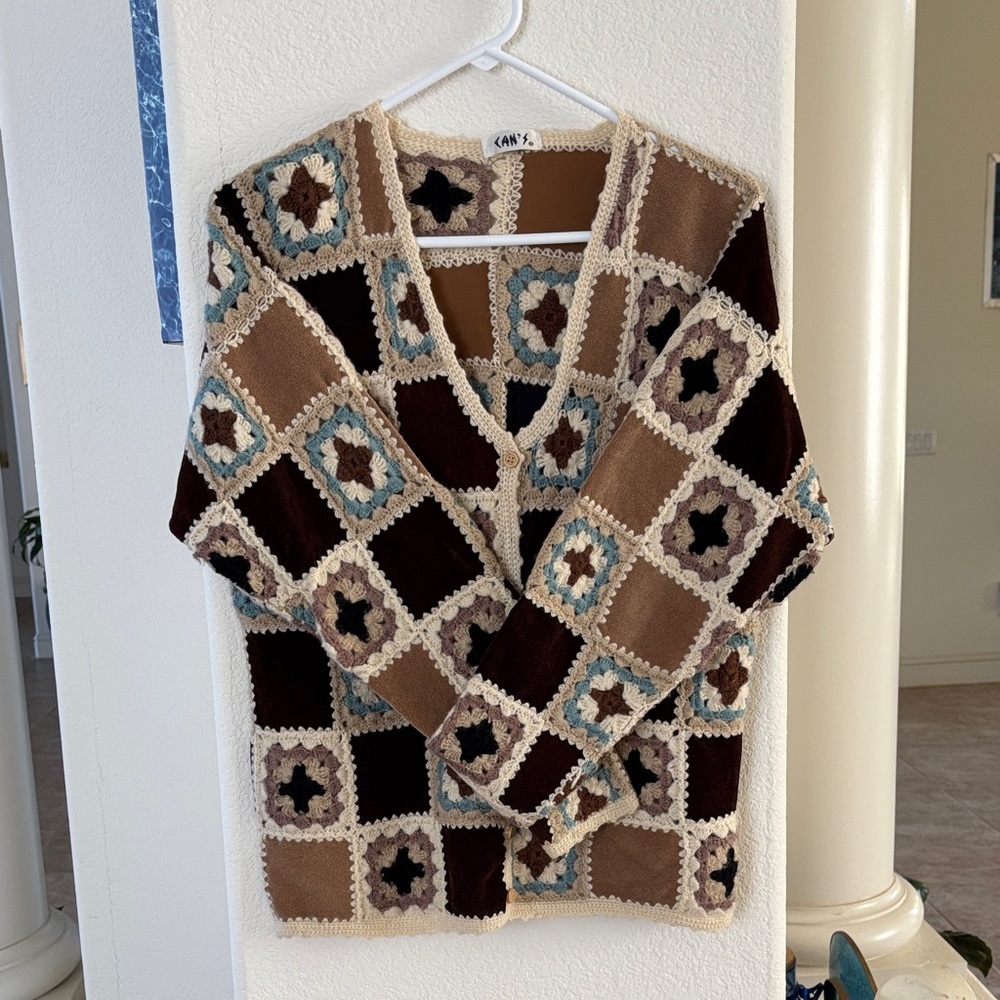90s Women's Patchwork Cardigan - Brown, Cream, and Blue